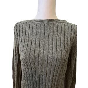 Lauren R L Gray Boatneck Cable Sweater Metal Logo     M